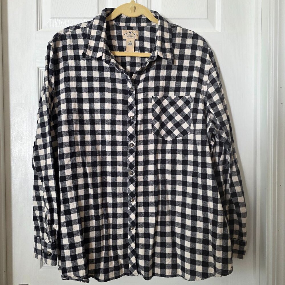 Blue Mountain Women's Black & White Plaid Flannel Button Down Shirt Sz 2XL